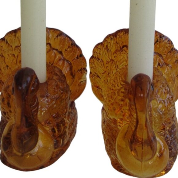 L.E. Smith Amber Glass Figural Turkey 2 Candle Holders 2" Thanksgiving USA MADE - Picture 3 of 8